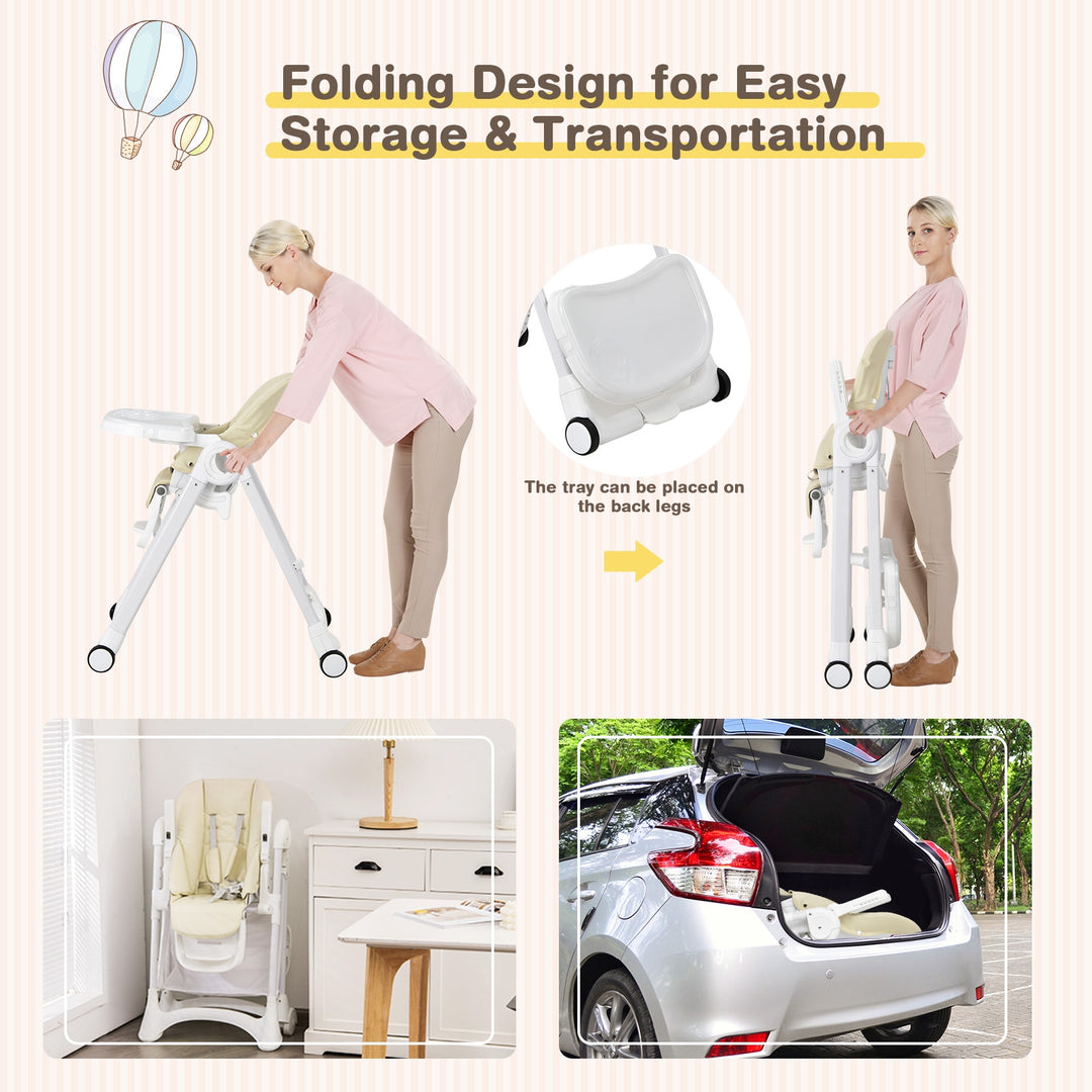 Baby Convertible Folding Adjustable High Chair with Wheel Tray Storage Basket-Beige
