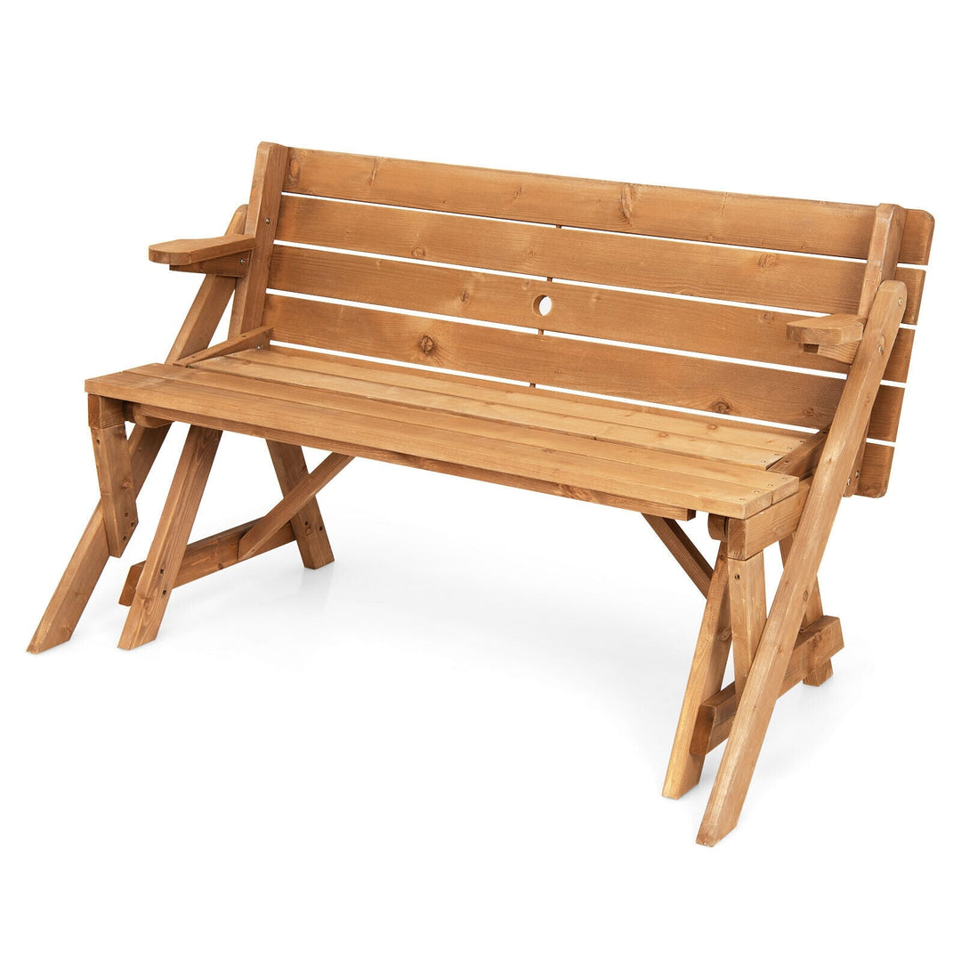 2-in-1 Transforming Interchangeable Wooden Picnic Table Bench with Umbrella Hole-Dark Brown