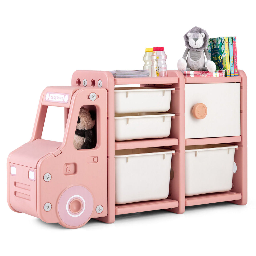 Toddler Truck Storage Organizer with Plastic Bins-Pink