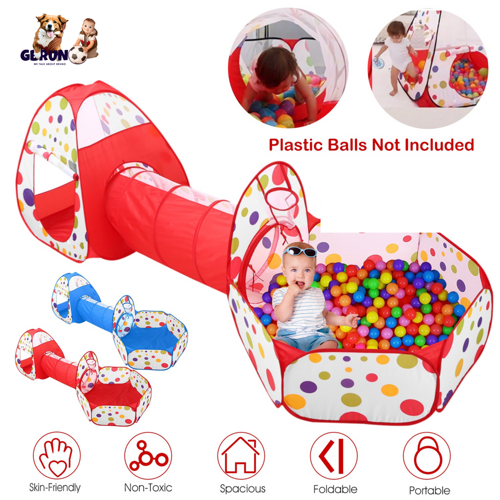 3 In 1 Child Crawl Tunnel Tent Kids Play Tent Ball Pit Set Foldable Children Play House Pop-up Kids Tent w/Storage Bag for Indoor Outdoor Travel Use