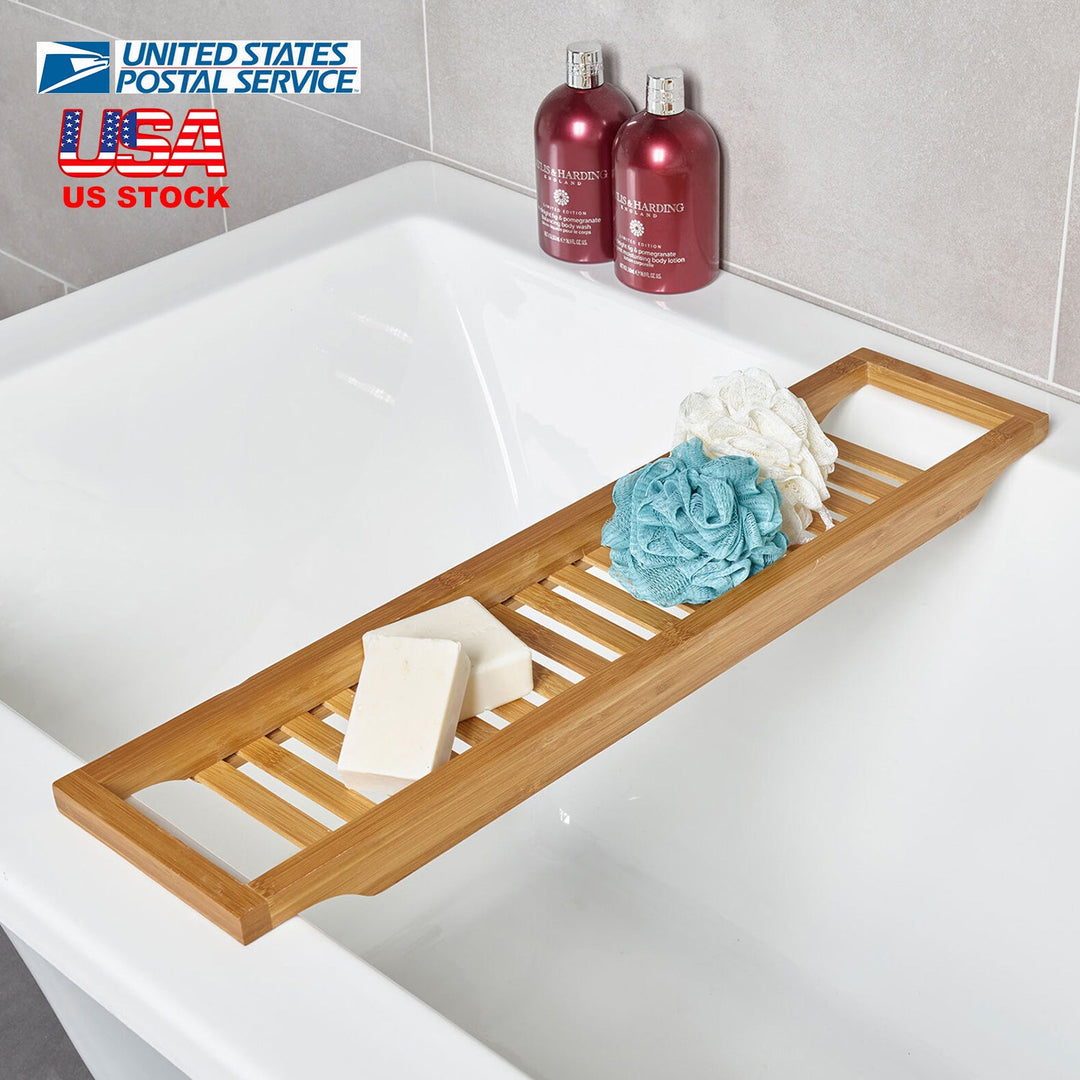 Bamboo Bathtub Tray Bath Table Bathroom Storage Rack Soap Cellphone Wine Glass Shelf Organizer
