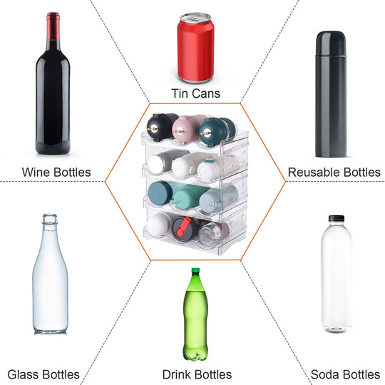 4 Tier Bottle Storage Holder 12 Bottles Transparent Stackable Bottle Organizer Standing Drink Holder Shelf for Kitchen Fridge Cabinet Pantry