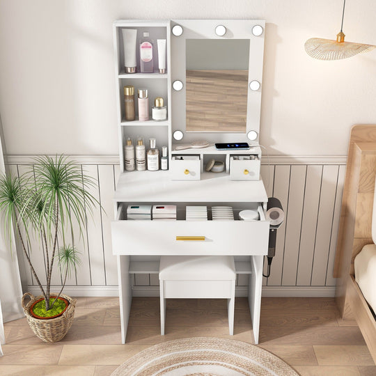 Vanity Desk Set with LED Lighted Mirror & Padded Stool
