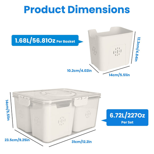 2Pack Airtight Fruit Storage Containers 4-Compartment Food Storage Containers Fruit Vegetable Organizers with 8 Removable Colanders for Fridge Picnic