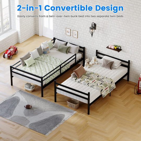 Twin Over Twin Metal Bunk Bed with Ladder and Guardrails