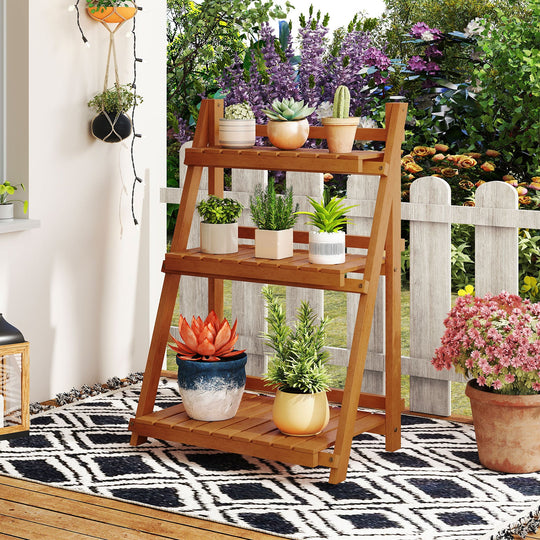 Foldable 3-Tier Solid Wood Plant Stand for Patio Balcony