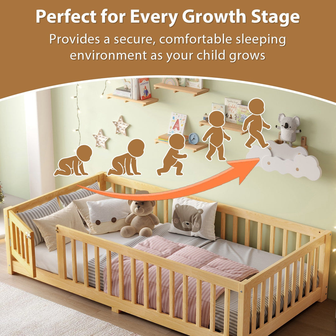 Montessori Floor Bed with Safety Guardrails and Lockable Door