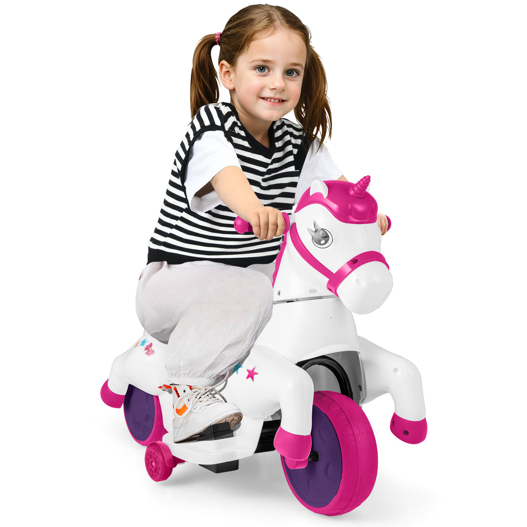 12V Unicorn Ride on Toy with Training Wheels and Horse Riding Mode-Rose Red