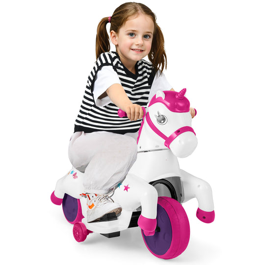 12V Unicorn Ride on Toy with Training Wheels and Horse Riding Mode-Rose Red