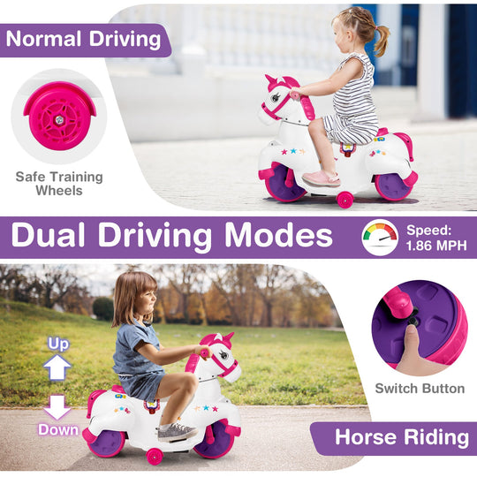 12V Unicorn Ride on Toy with Training Wheels and Horse Riding Mode