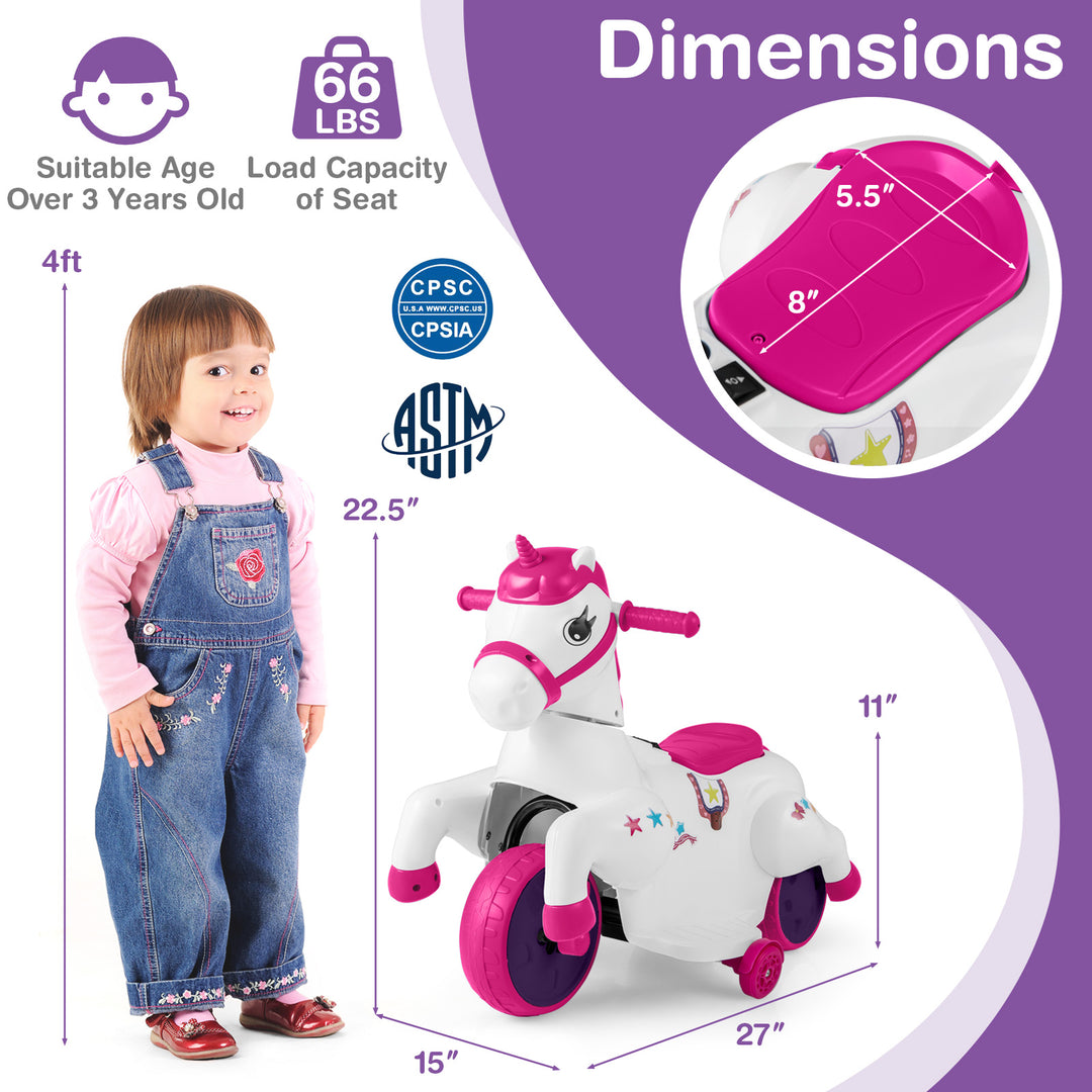 12V Unicorn Ride on Toy with Training Wheels and Horse Riding Mode-Rose Red
