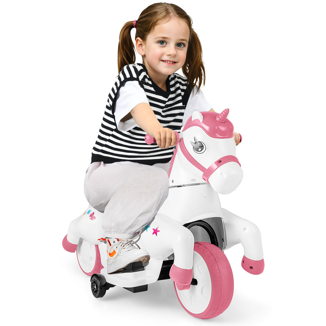 12V Unicorn Ride on Toy with Training Wheels and Horse Riding Mode-Pink