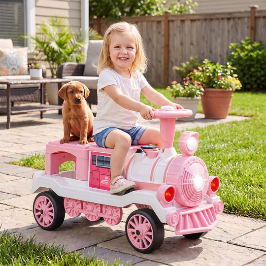 12V 2-Seater Ride on Toy with Train Whistle and Removable Chair-Pink