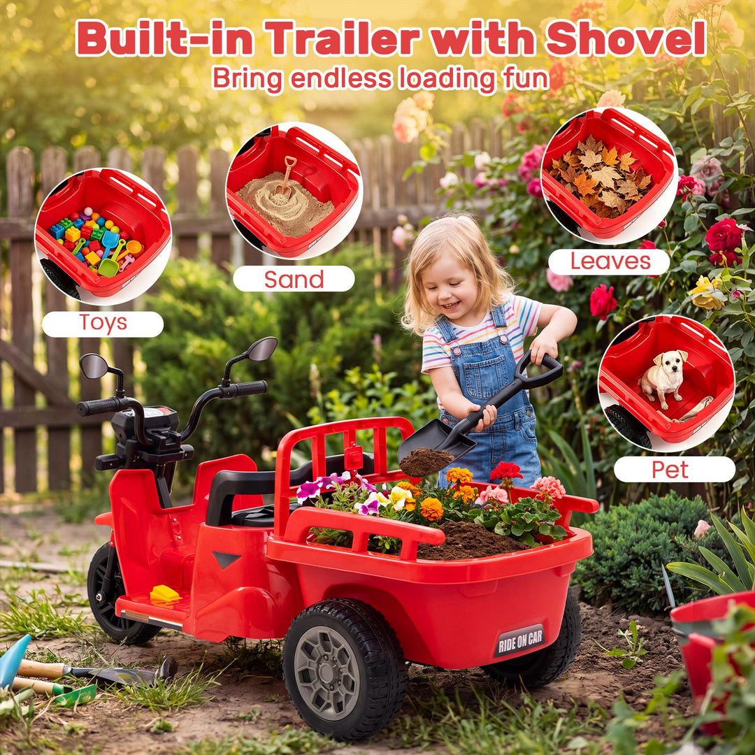 12V Kids Motorcycle with 3 Wheels and Trailer and Shovel Ride On Tractor
