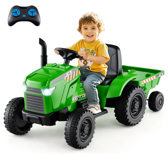 12V 2-in-1 Kids Ride On Tractor with Trailer and 3-Gear Shift-Green