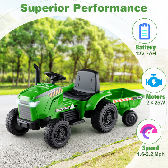 12V 2-in-1 Kids Ride On Tractor with Trailer and 3-Gear Shift-Green