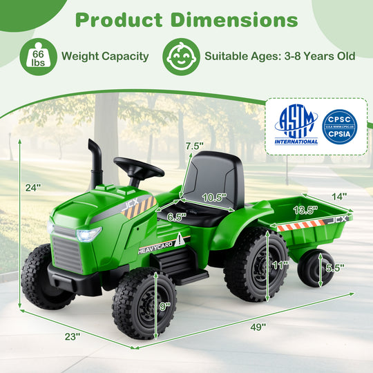 12V 2-in-1 Kids Ride On Tractor with Trailer and 3-Gear Shift-Green