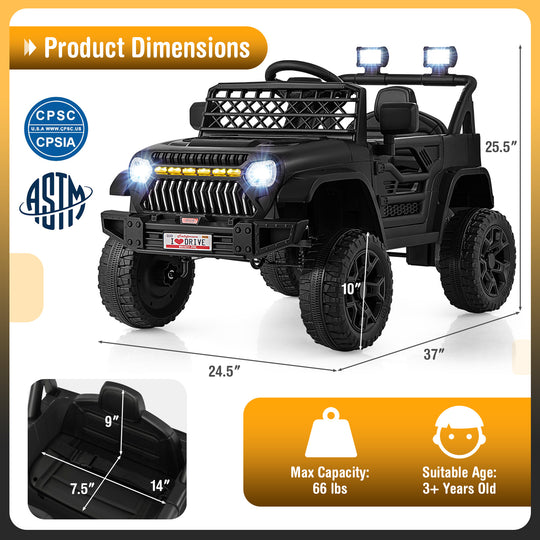 12V Kids Ride on Truck Car with Parental Remote and Music Player-Black