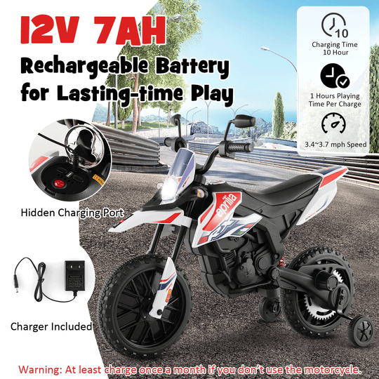 Aprilia Licensed Kids Ride On Motorcycle with 2 Training Wheels-White