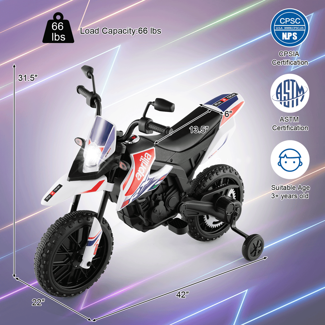 Aprilia Licensed Kids Ride On Motorcycle with 2 Training Wheels-White