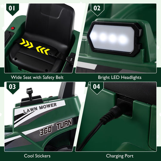 12V Ride on Lawn Mower for Kids with Dual Control Sticks and LED Lights