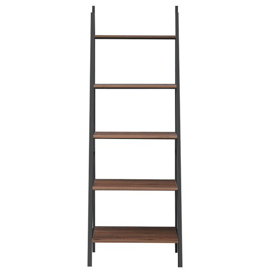 5 Tier Leaning Bookshelf Wood Metal Bookcase