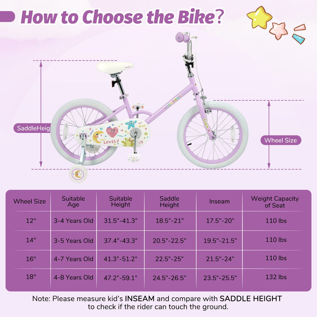 Kids Bike 12-18 Inch with Training Wheels - Purple