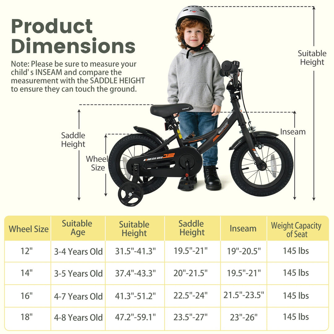 12/14/16/18 Inches Kids Bike with Removable Training Wheels and Adjustable Seatfor 3-8 Years Old Black