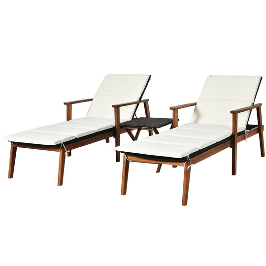 3 Pieces Portable Patio Cushioned Rattan Lounge Chair Set with Folding Table