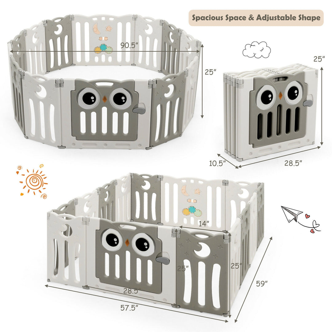 14-Panel Baby Playpen Kids Activity Center Foldable Play Yard with Lock Door-Beige