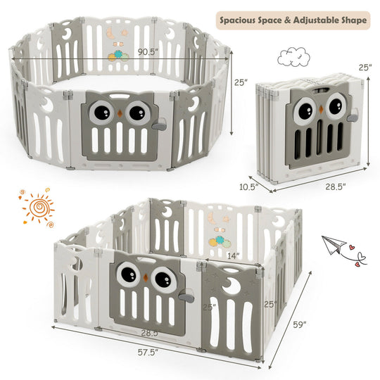 14-Panel Baby Playpen Kids Activity Center Foldable Play Yard with Lock Door-Beige