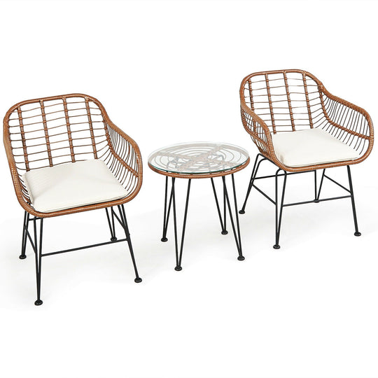 3-Piece Rattan Bistro Set with Cushions and Glass Table