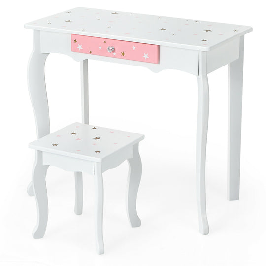 Kids Princess Vanity Table and Stool Set with Tri-folding Mirror and Drawer-White