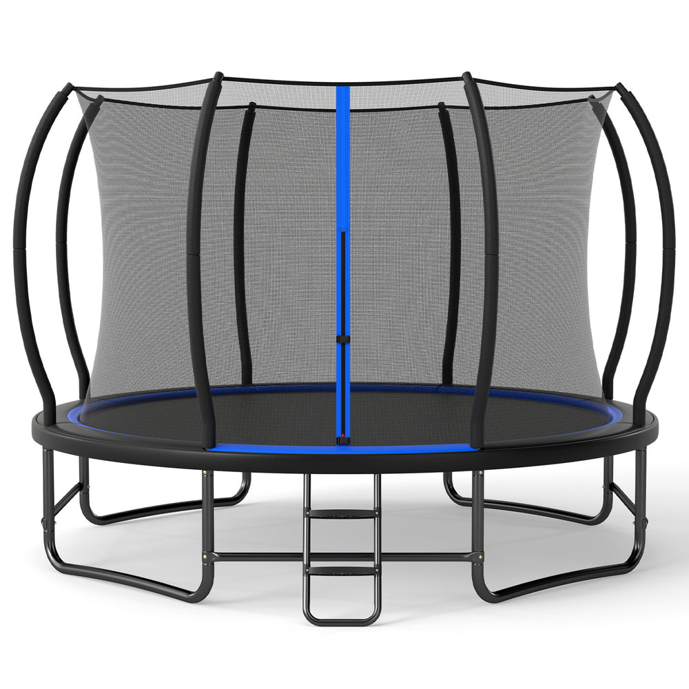 12 FT Outdoor Recreational Trampoline with Enclosure Net and 4 Stabilizer Bars for Backyard-Blue