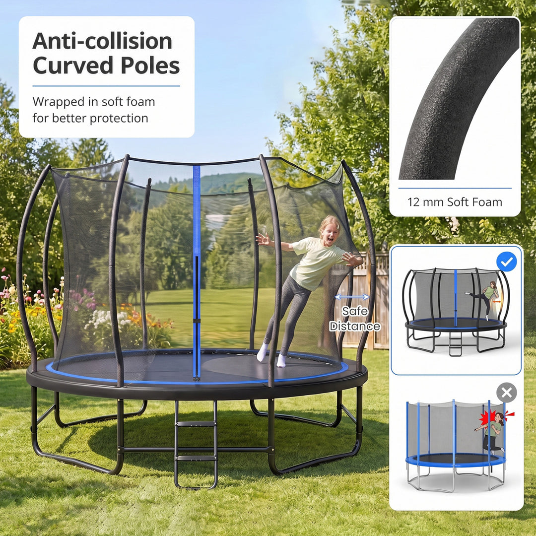 12 FT Outdoor Recreational Trampoline with Enclosure Net and 4 Stabilizer Bars for Backyard-Blue
