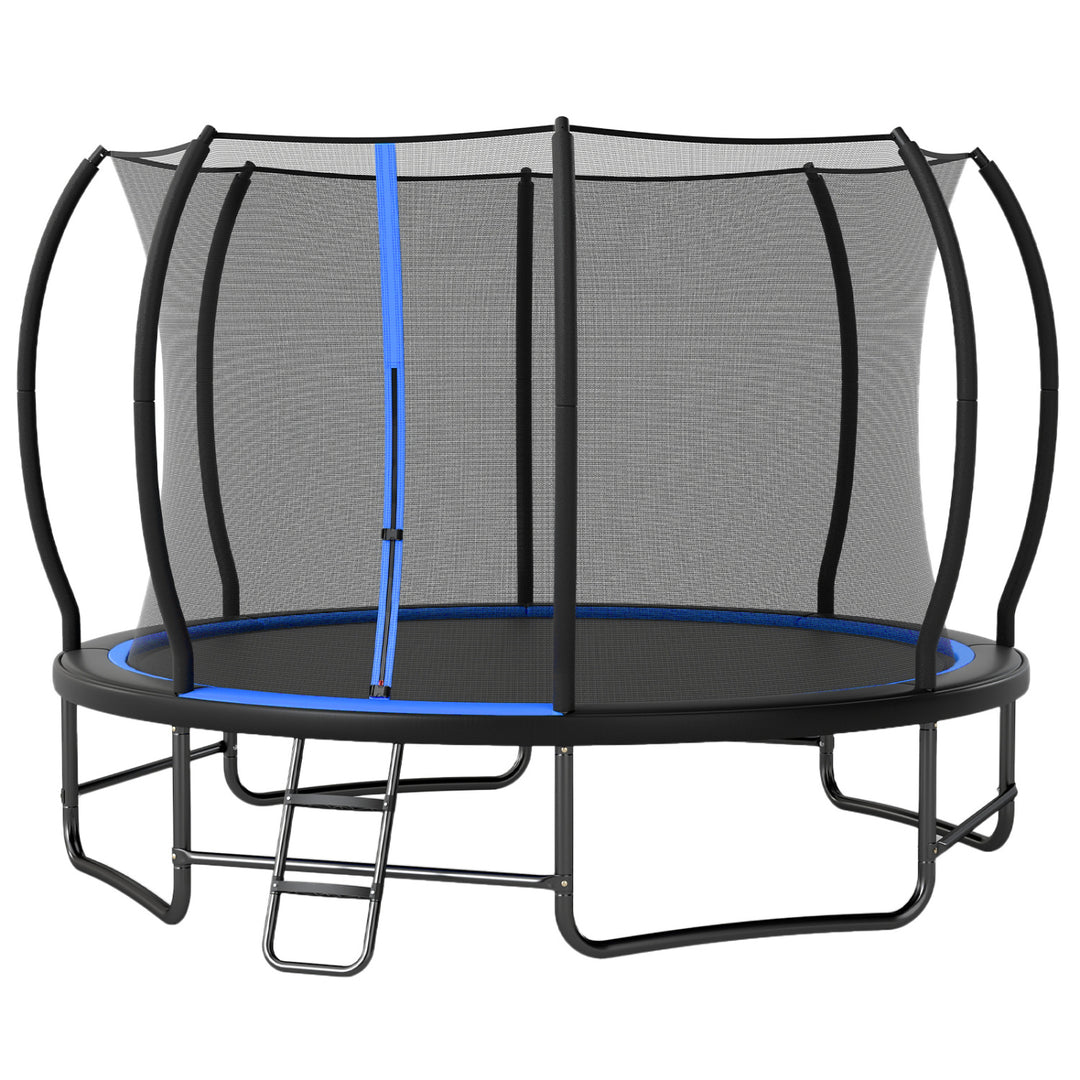 12 FT Outdoor Recreational Trampoline with Enclosure Net and 4 Stabilizer Bars for Backyard-Blue