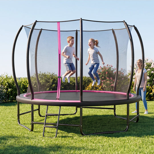 12 FT Outdoor Trampoline with Safety Enclosure Net - Pink