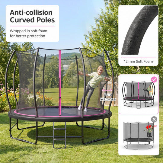 12 FT Outdoor Trampoline with Safety Enclosure Net - Pink