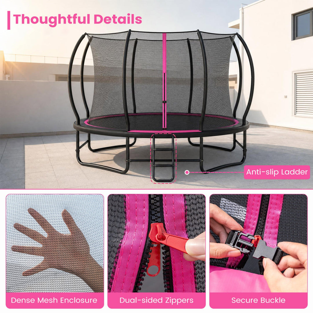 12 FT Outdoor Trampoline with Safety Enclosure Net - Pink
