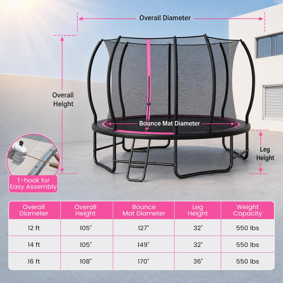 12 FT Outdoor Trampoline with Safety Enclosure Net - Pink