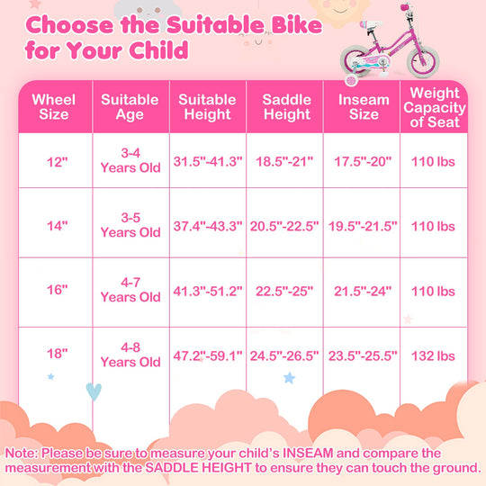 Kids Bike 12-18 Inch with Training Wheels - Pink
