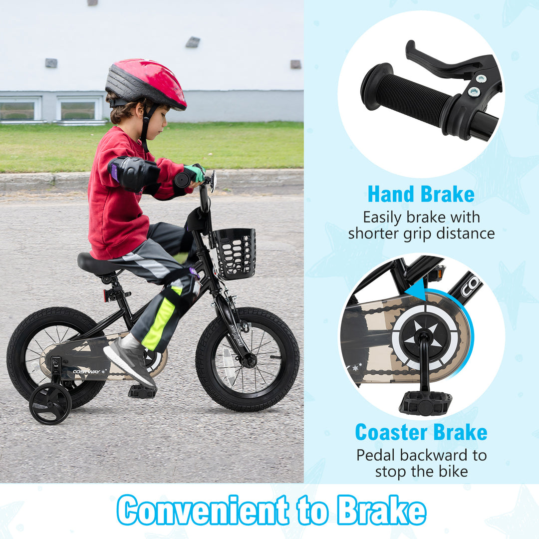 12 Inch Kids Bike with Basket and Training Wheels for Children Aged 3-5 Years Old