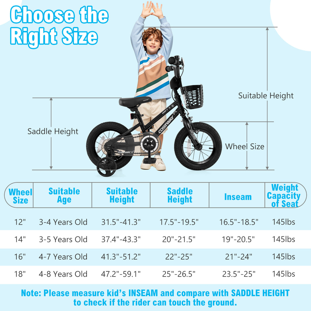 12 Inch Kids Bike with Basket and Training Wheels for Children Aged 3-5 Years Old