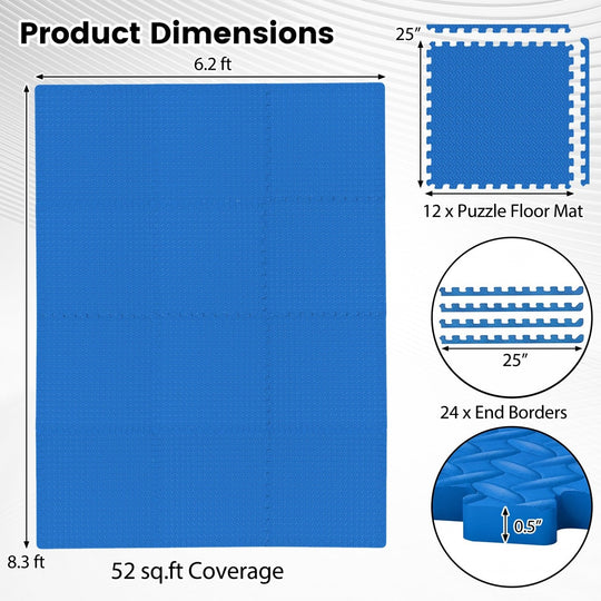 Puzzle Exercise Floor Mats 1/2 Inch Thick - 12 Tiles