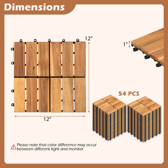 Acacia Wood Interlocking Deck Tiles 12x12 Inch - 54 Pack