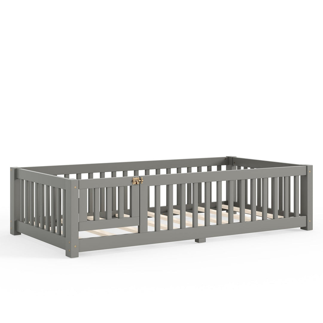 Montessori Floor Bed with Safety Guardrails and Lockable Door