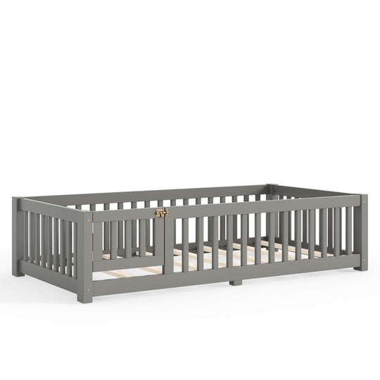 Montessori Floor Bed with Safety Guardrails and Lockable Door