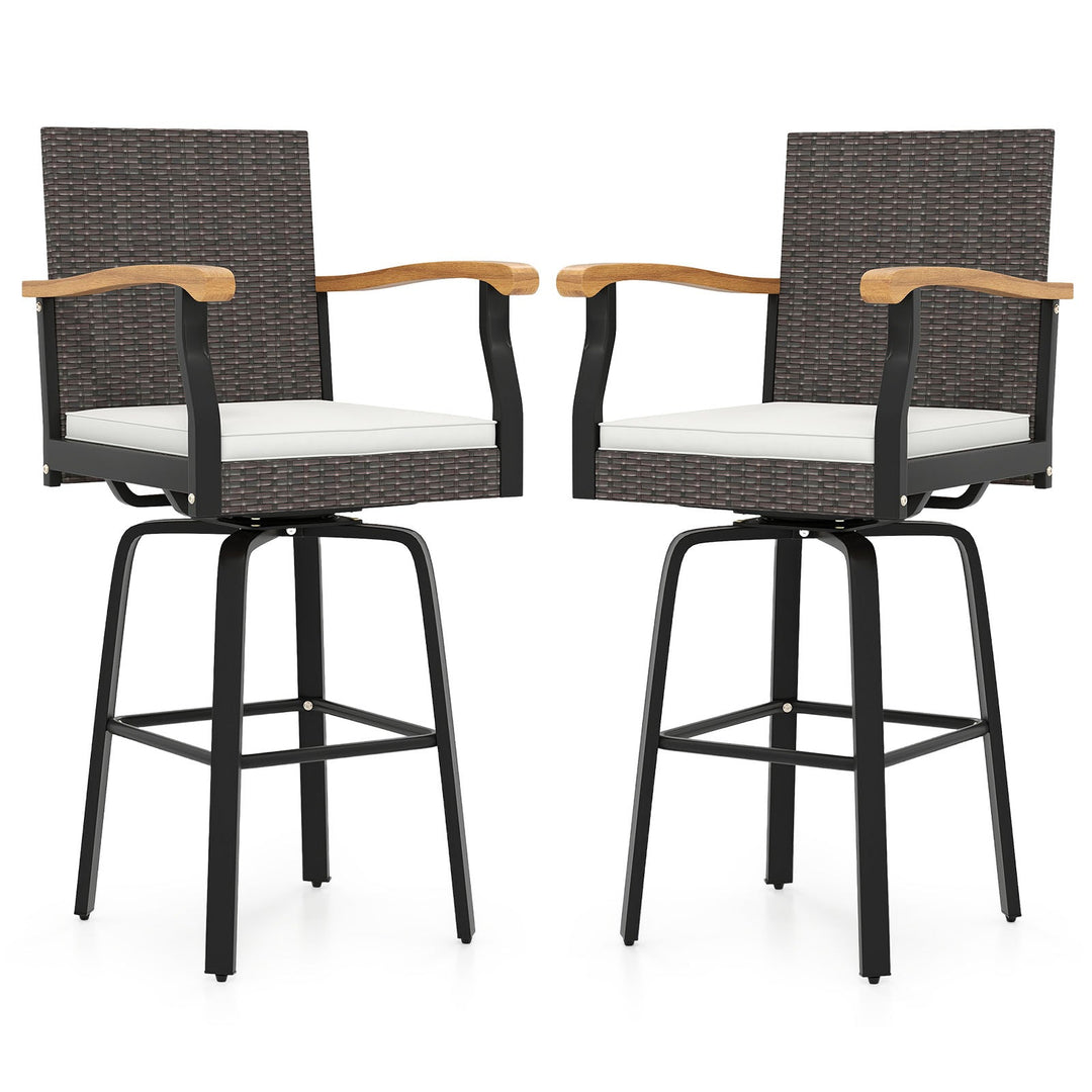 Set of 2 Outdoor 360¬∞ Swivel Bar Stool with Cushion and Acacia Wood Armrests