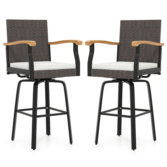 Set of 2 Outdoor 360¬∞ Swivel Bar Stool with Cushion and Acacia Wood Armrests