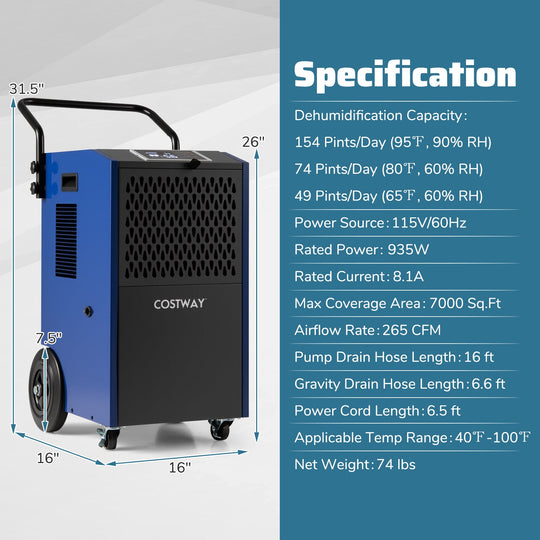 154 Pints Commercial Dehumidifier with Pump and Drain Hoses